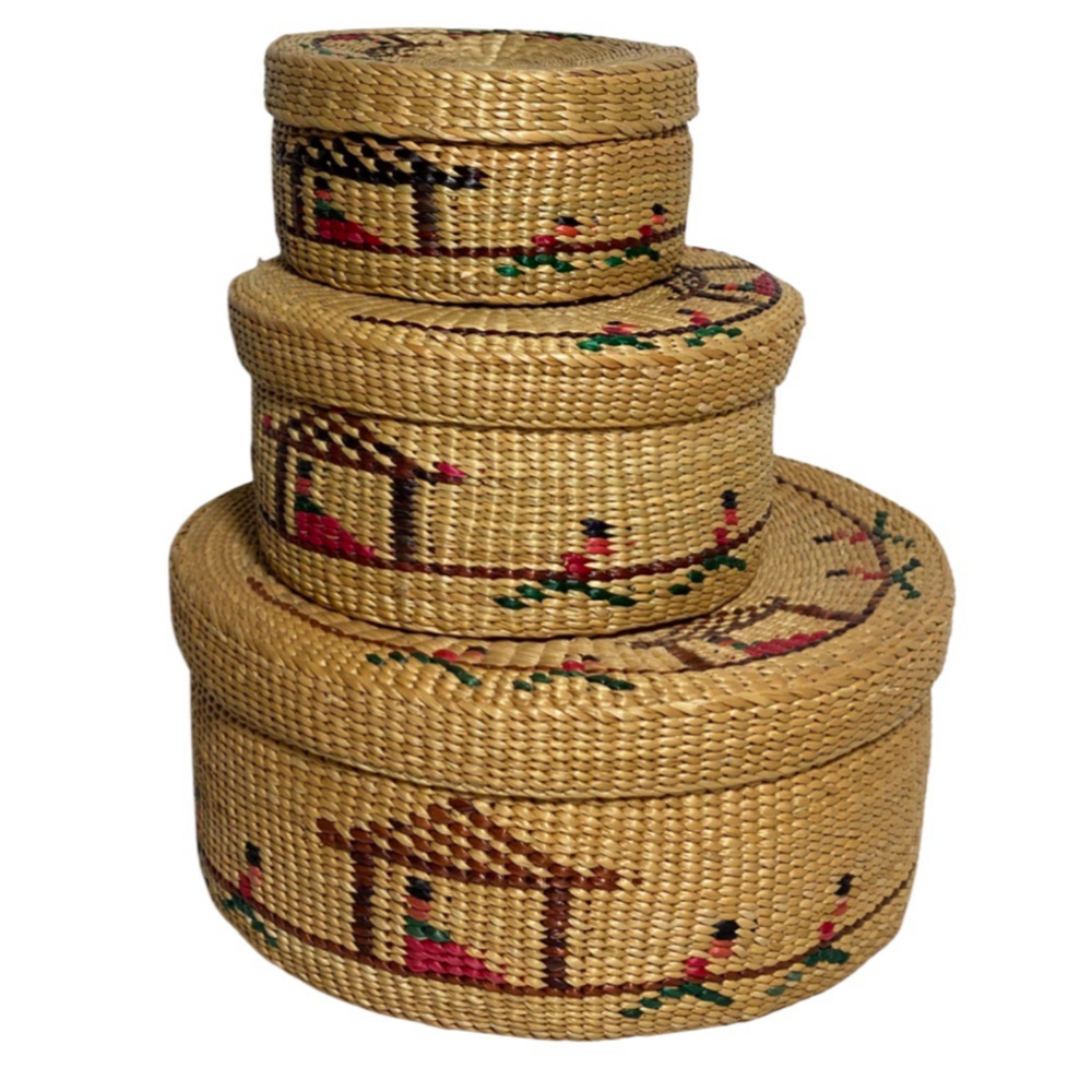 Vintage Set of 3 Nesting Chinese Baskets Depicting The Emperor Being Carried